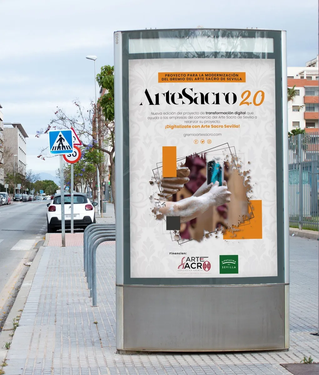 Mupi en la calle con el cartel del proyecto Arte Sacro 2.0